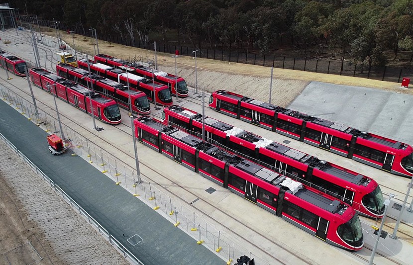 Birdeye view of Canberra Light Rail trains parked up at transport hub