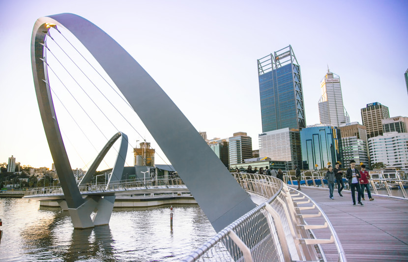 Elizabeth Quay Pedestrian Bridge with city background in Perth Australia