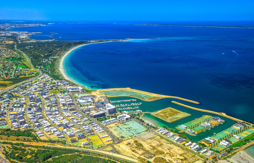 Helicopter view of Port Coogee town and ocean in Western Australia
