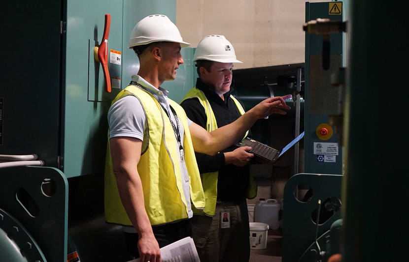 Matthew Hanns (Senior Technician, National Gallery) and Dane Kosky (RPS) undertake inspections as part of upgrades to higher efficiency boiler units. Photo courtesy of the National Gallery of Australia