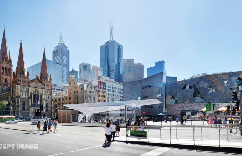 Concept design for Melbourne's Metro project with the Melbourne Town Hall and Federation square in the background