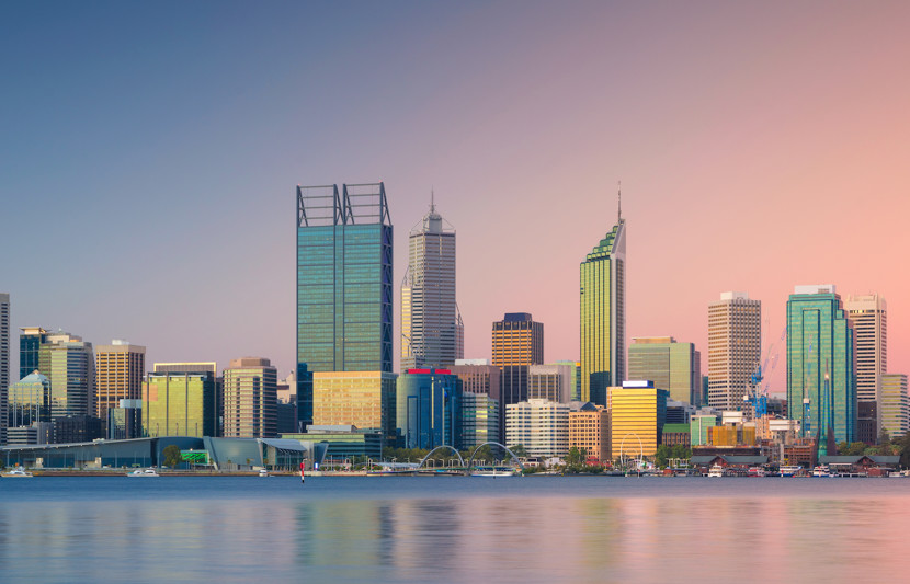 Evening skyline and waterfront in Perth, Western Australia