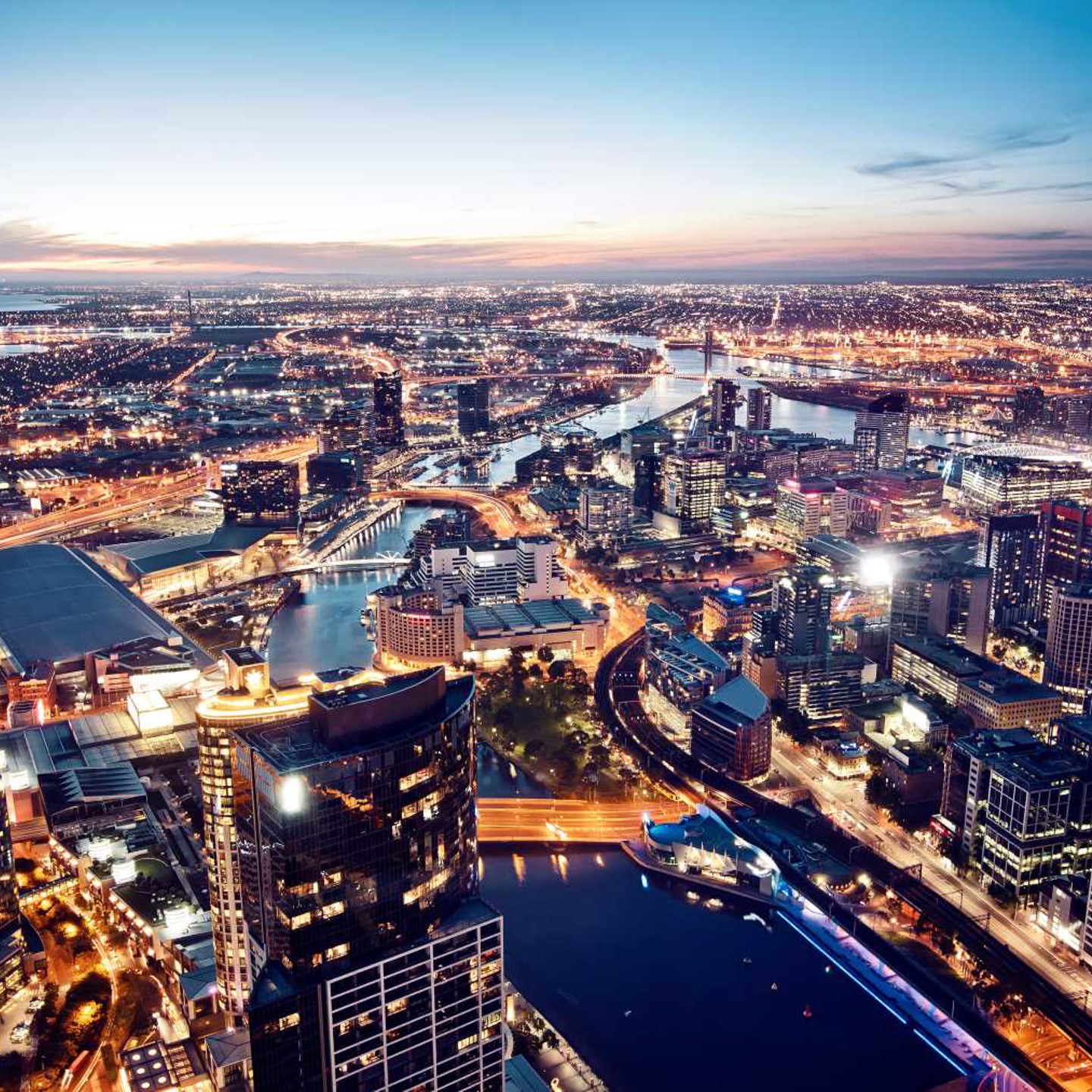 Aerial view of Melbourne city at dusk