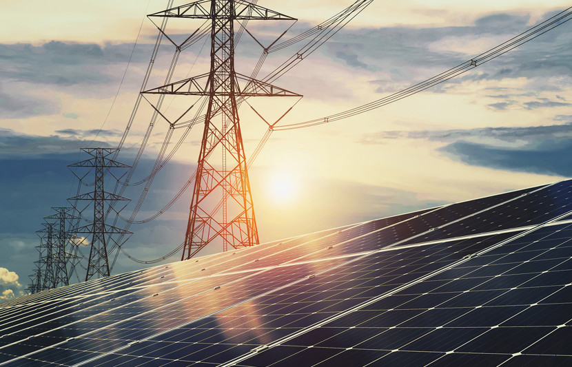 Electricity transmission towers and solar panel array