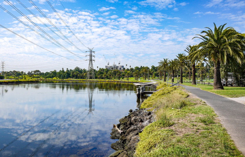 View of riverside pedestrian footpath/bike trails in Footscray Park along the beautiful Maribyrnong River of Melbourne. Palm trees growing along riverbank against blue sky.