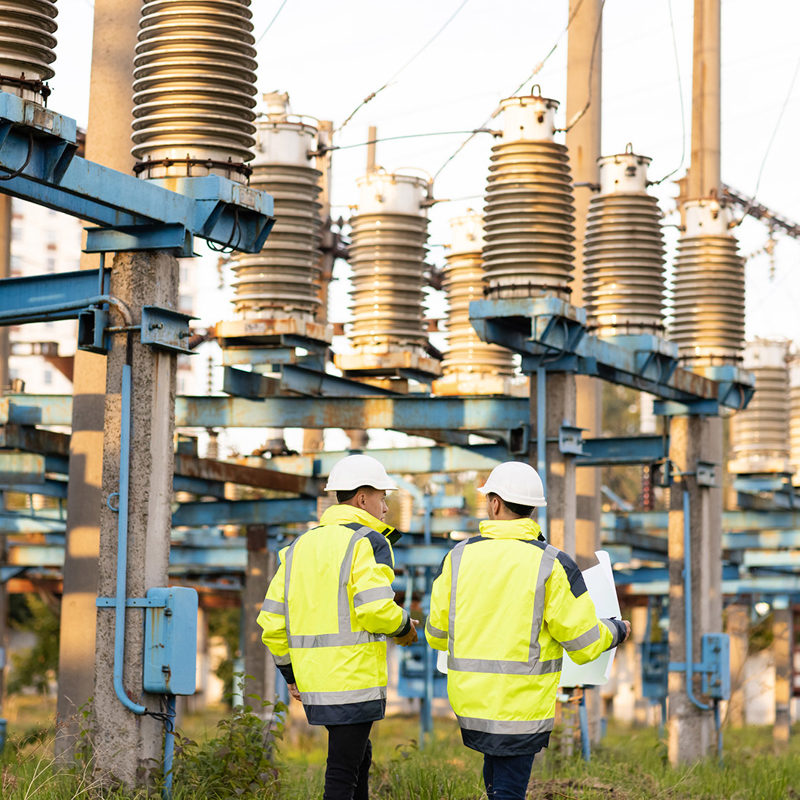 Energy Workers Walking Within Substation Complex
