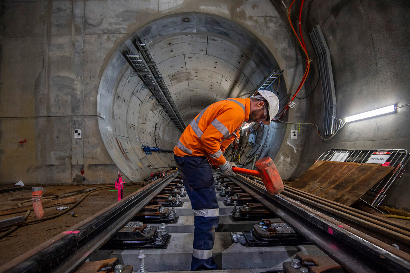 Barangaroo Crossover NSW rail tunnel workman in high vis