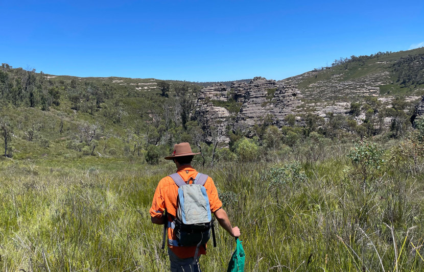 RPS environmental scientist dressed in orange high-vis with a backpack makes his way through scrubland towards a rocky cliff face. 