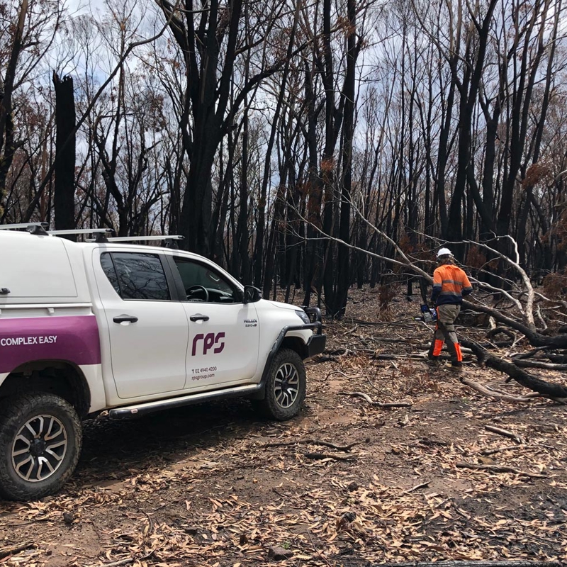 RPS vehicle and specialist in PPE gear in a bushfire zone