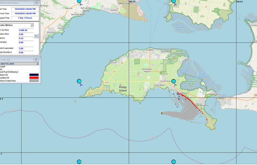 A visual representation of a oil spill being tracked via Oilmap,  a web based system for modelling oil releases. 