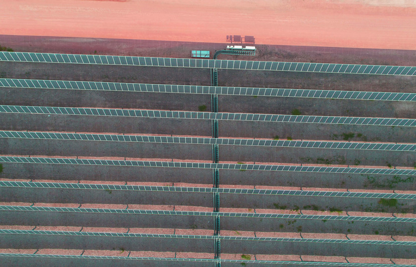 Top Down View Of Desert Solar Farm Installation