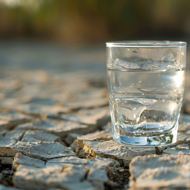 A glass of water sitting on a drought affected landed with cracked soil demonstrates the precarious nature of the precious resource. 